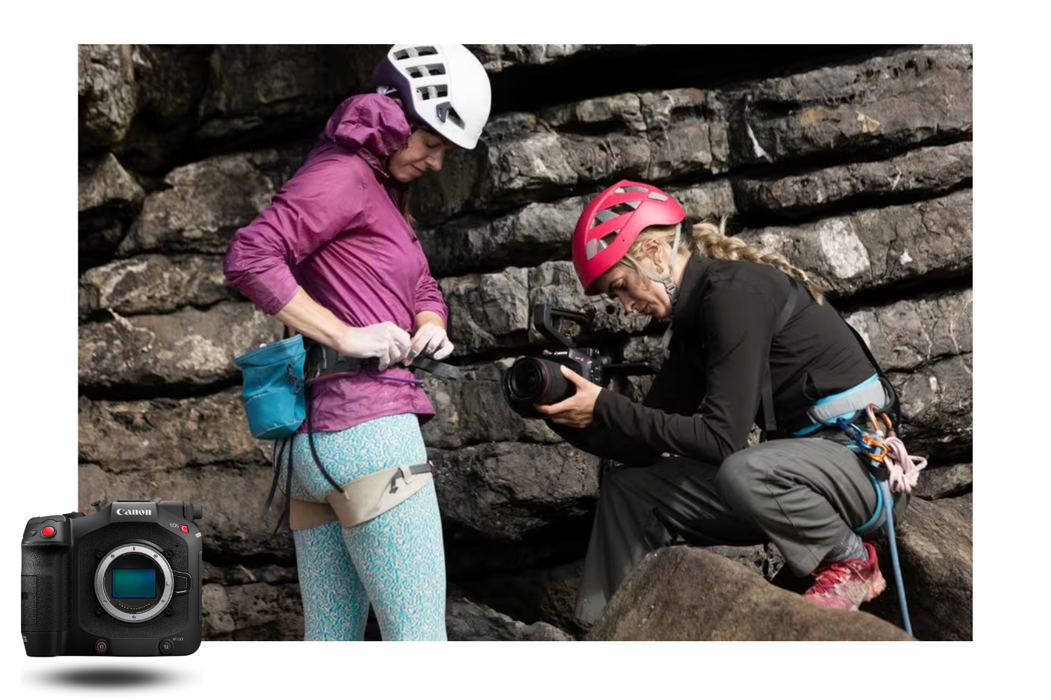 Videographer using Canon EOS C80 to film outdoor climbing session, demonstrating camera robustness and portability