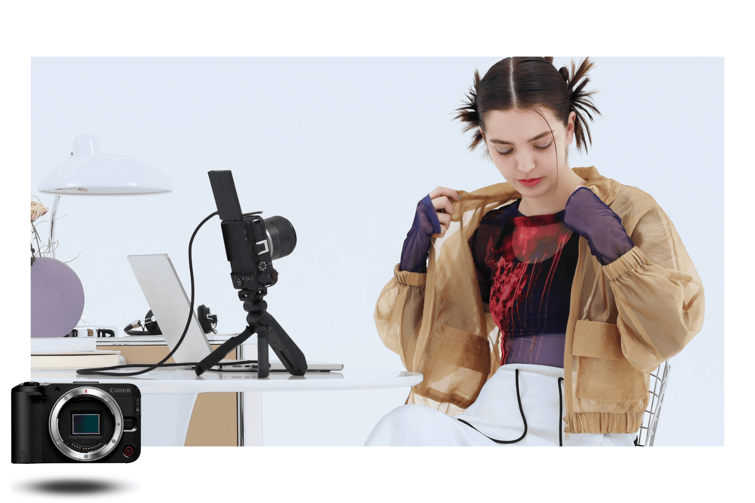 Canon EOS R50 V sur trépied de table en streaming USB-C, créatrice préparant une vidéo vlog à domicile
