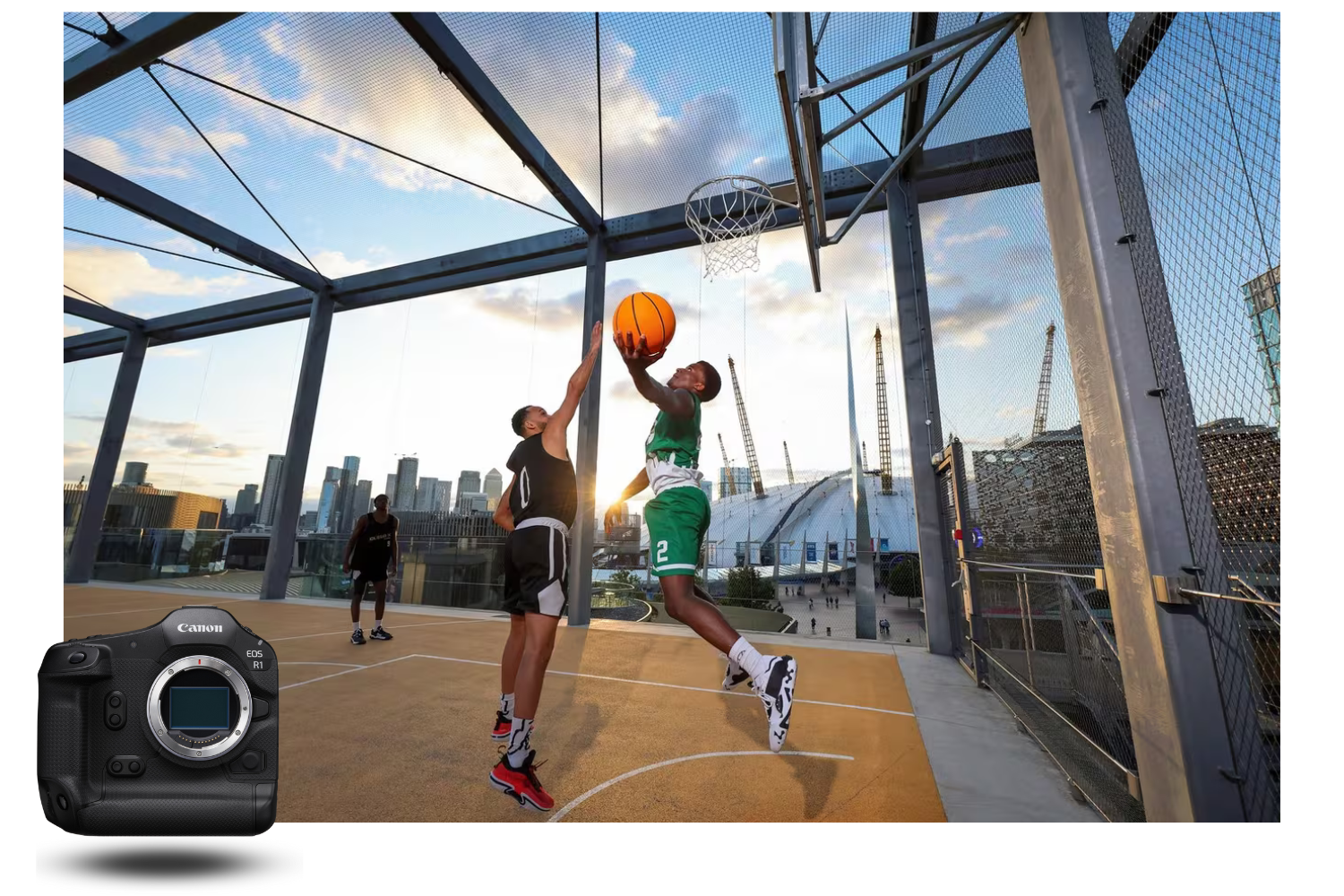 Outdoor basketball action photographed with the Canon EOS R1, low-light performance