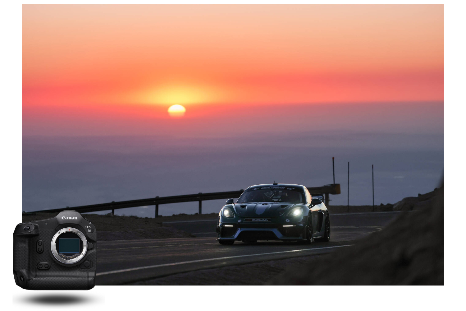 Race car on mountain road at sunset taken with the Canon EOS R1