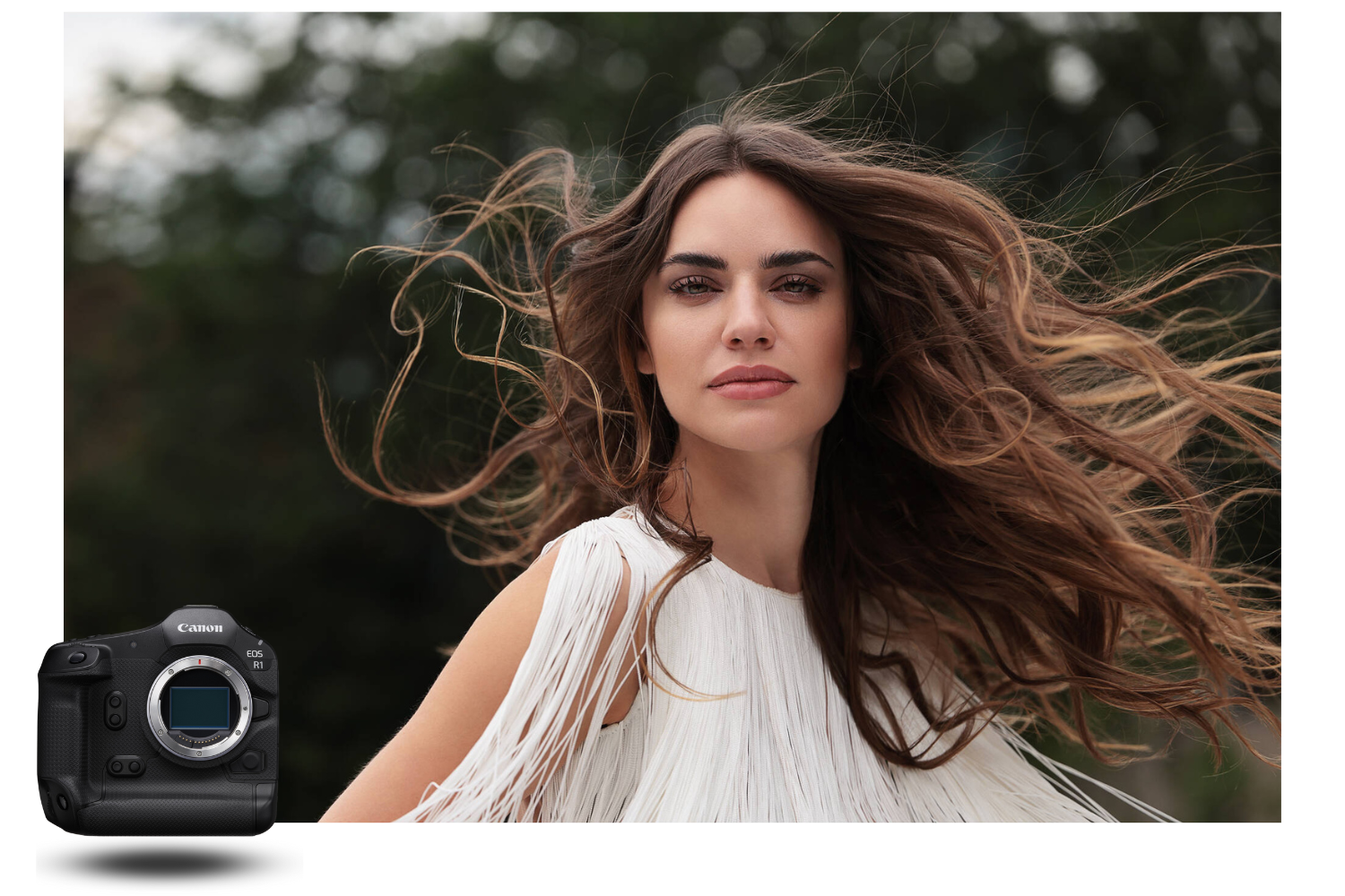 Portrait of woman with windblown hair captured with the Canon EOS R1, natural and detailed rendering