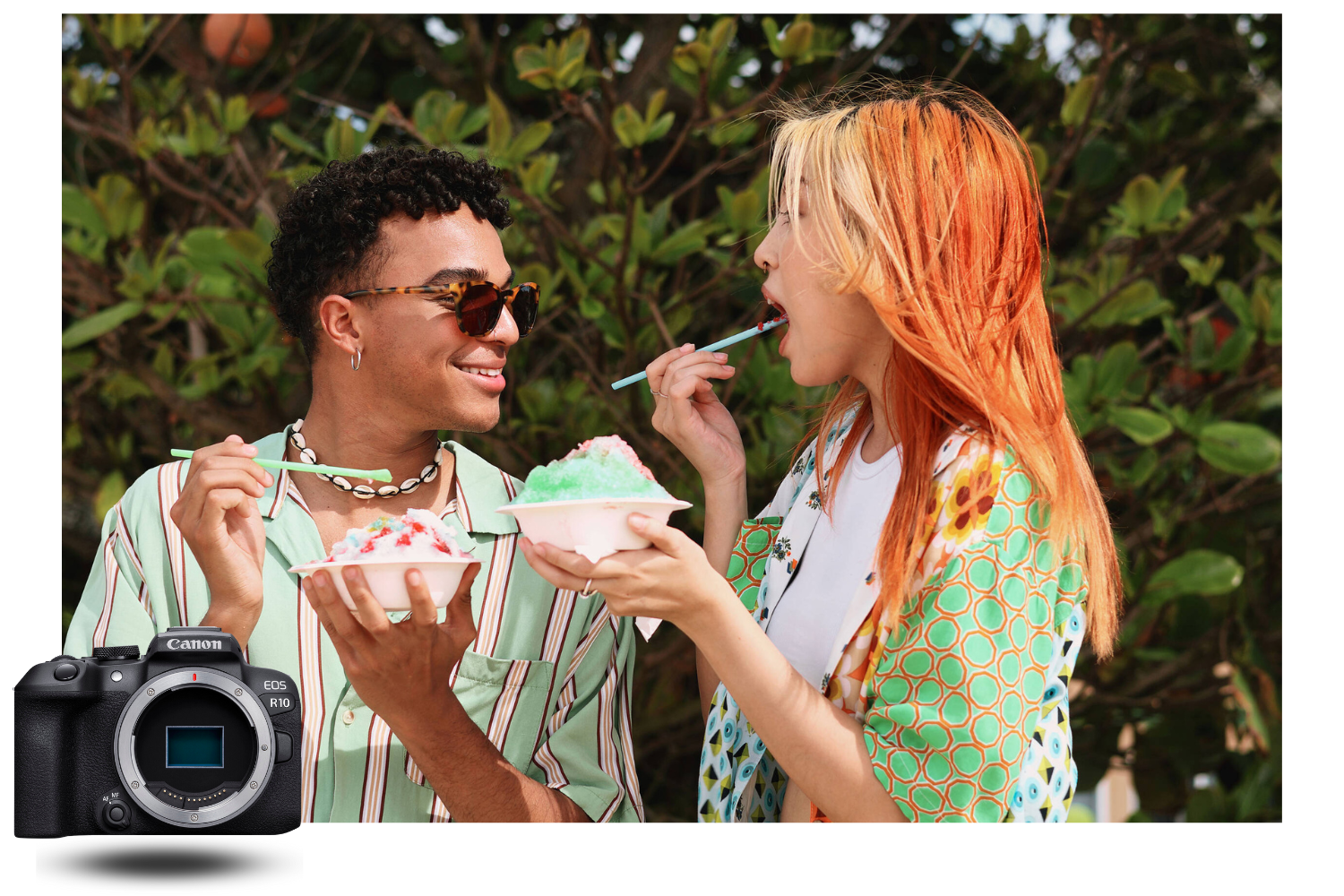 Couple enjoying ice cream outdoors photographed with the Canon EOS R10 — vibrant colors and natural rendering, perfect for lifestyle and travel photography.
