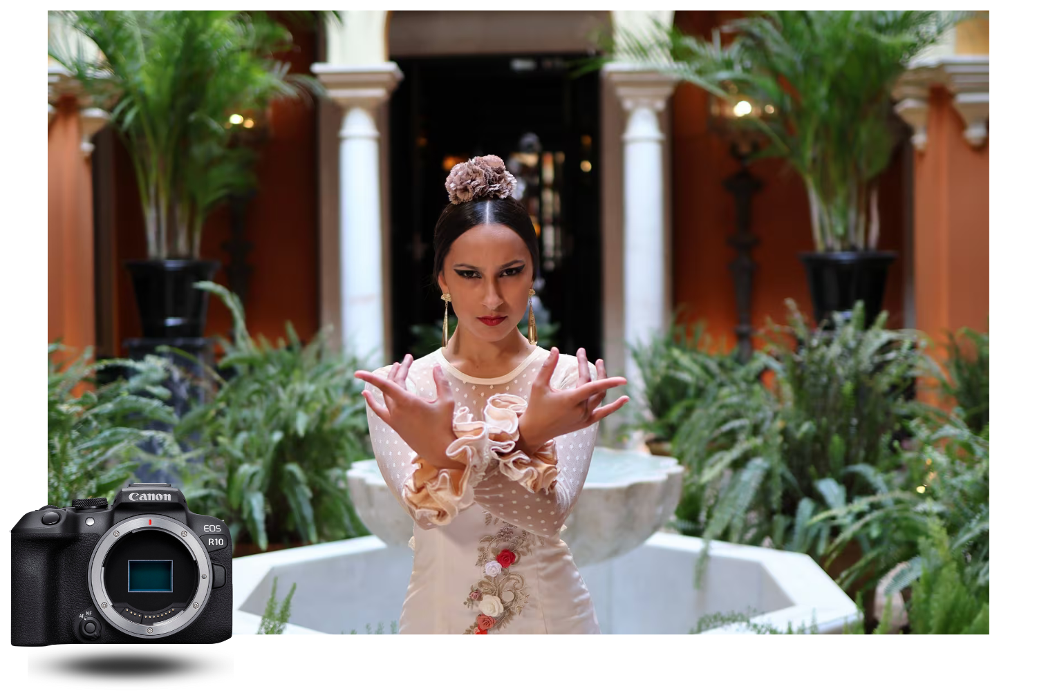 Artistic portrait of a dancer in an Andalusian patio taken with the Canon EOS R10 — precise focus and superb background blur for portrait photography.
