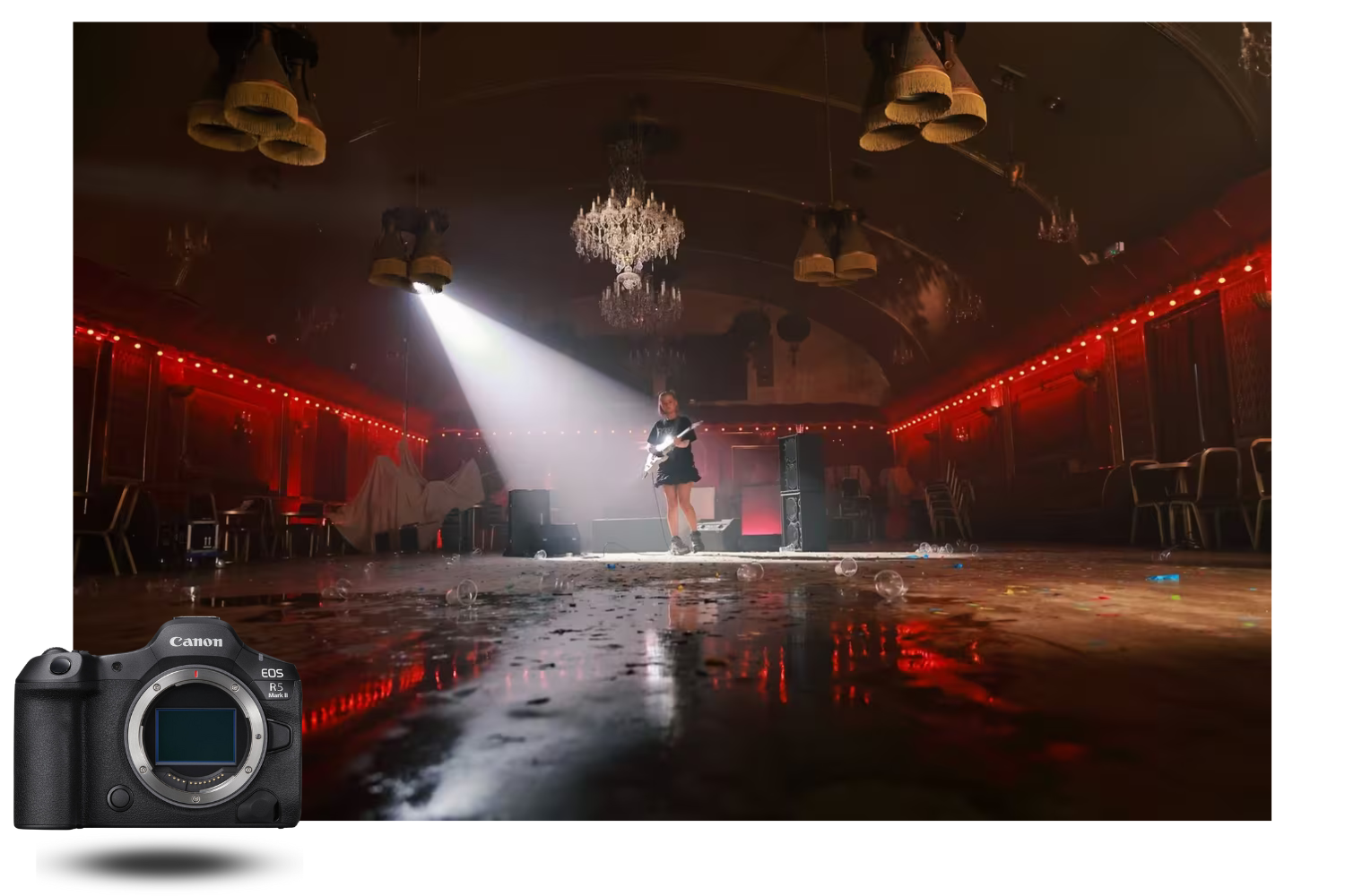 Fotografía en baja luz capturada con la Canon R5 Mark II en una sala de conciertos, demostrando la precisión del sensor de formato completo y la riqueza de los colores.