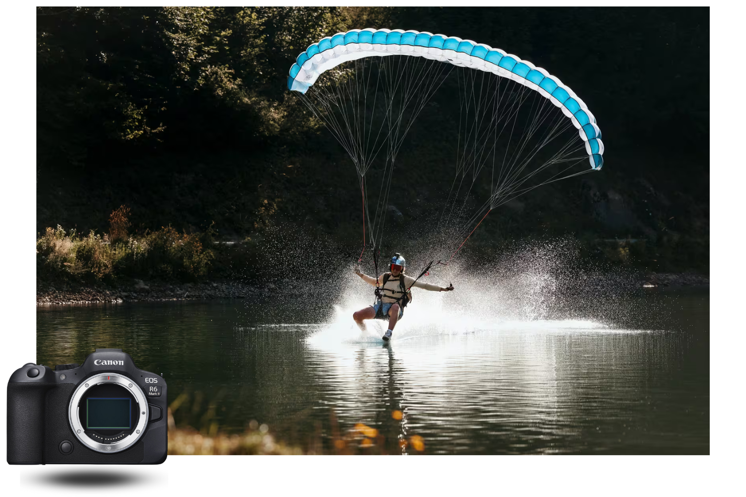 Canon EOS R6 Mark II saisissant un parapentiste glissant sur un lac, avec éclaboussures d’eau et reflets naturels Canon EOS R6 Mark II saisissant un parapentiste glissant sur un lac, avec éclaboussures d’eau et reflets naturels