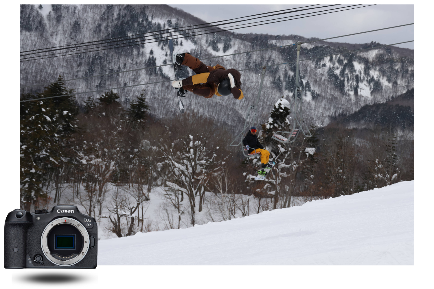 Snowboarder efectuando una rotación aérea en un paisaje de montaña, cliché dinámico realizado con la Canon EOS R7, perfecto para deportes de invierno.