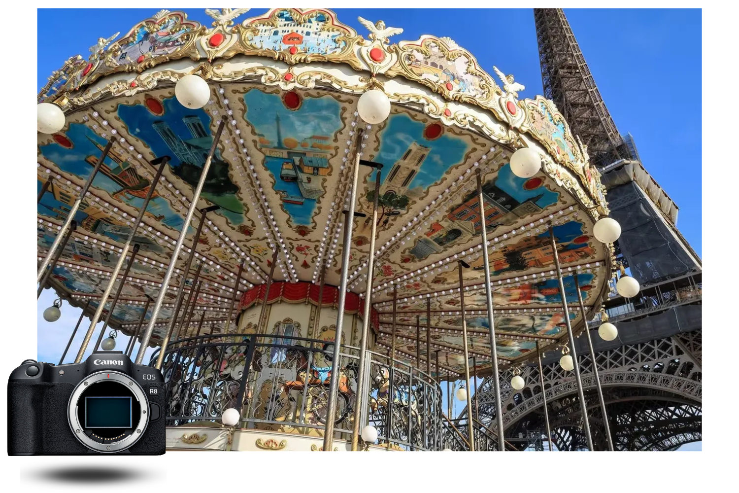 Foto de carrusel en París con la Torre Eiffel de fondo, capturada con la Canon EOS R8, demostrando la nitidez y la vivacidad de los colores Foto de carrusel en París con la Torre Eiffel de fondo, capturada con la Canon EOS R8, demostrando la nitidez y la vivacidad de los colores