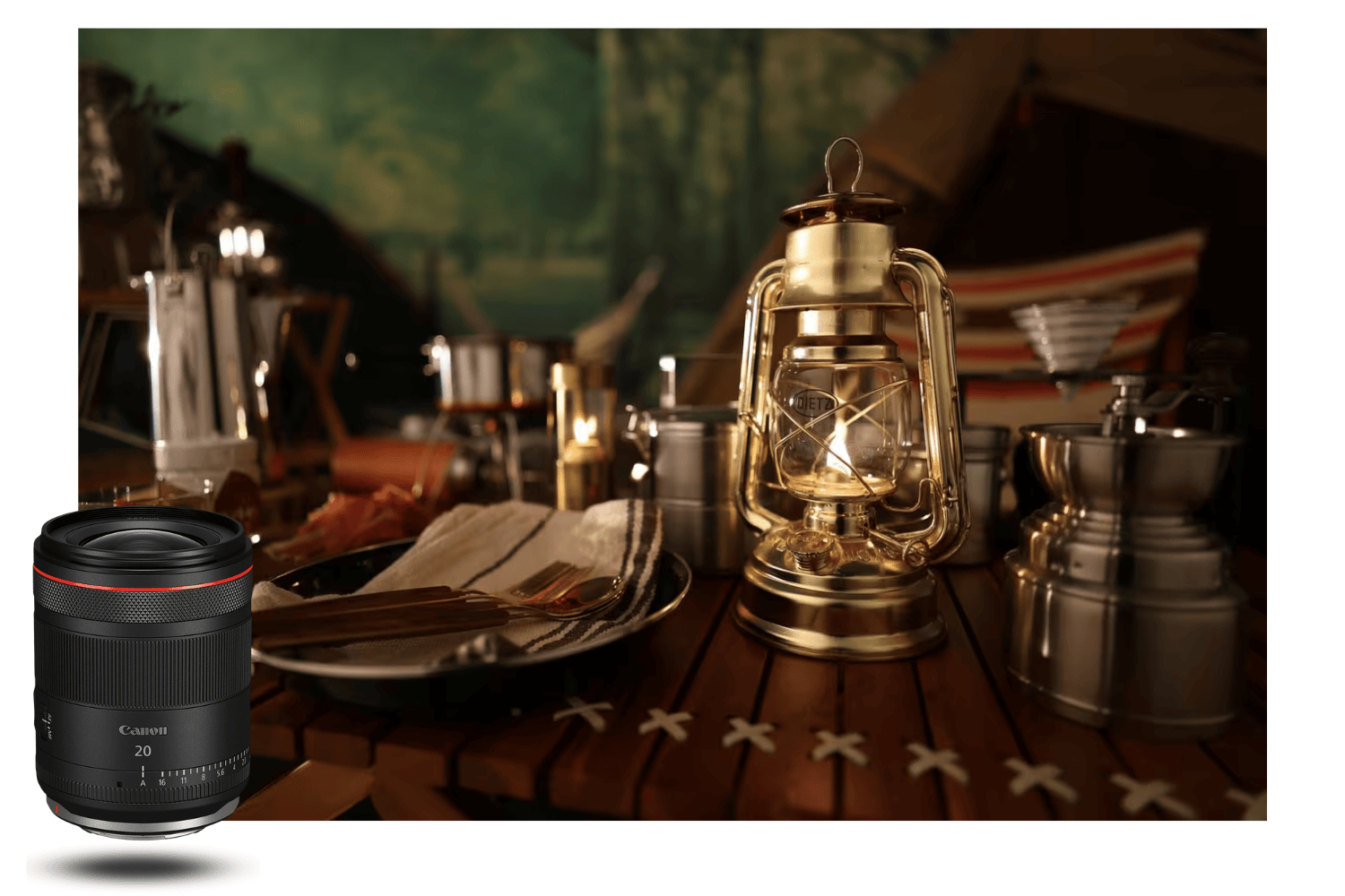 Escena en interior iluminada por una linterna dorada, tomada con el Canon RF 20mm f/1.4 L VCM a gran apertura f/1.4, resaltando la profundidad de campo y el bokeh cálido.