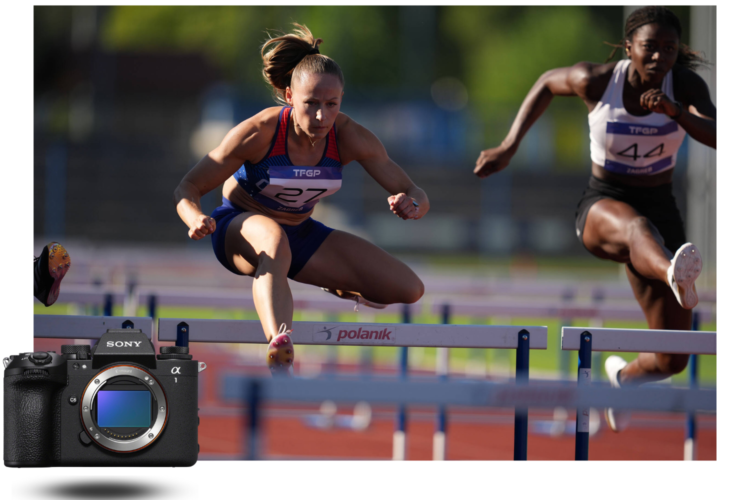 Sony a1 II – cámara profesional para deporte y acción rápida Sony alpha 1 II capturando una carrera de vallas en ráfaga con enfoque automático inteligente