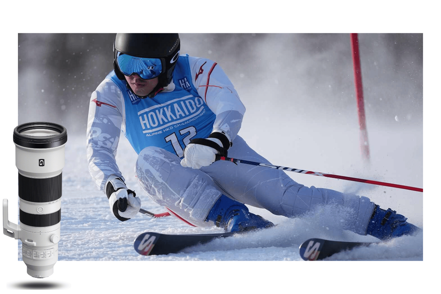 Skieur de slalom en pleine courbe, suivi au Sony FE 400-800mm G OSS