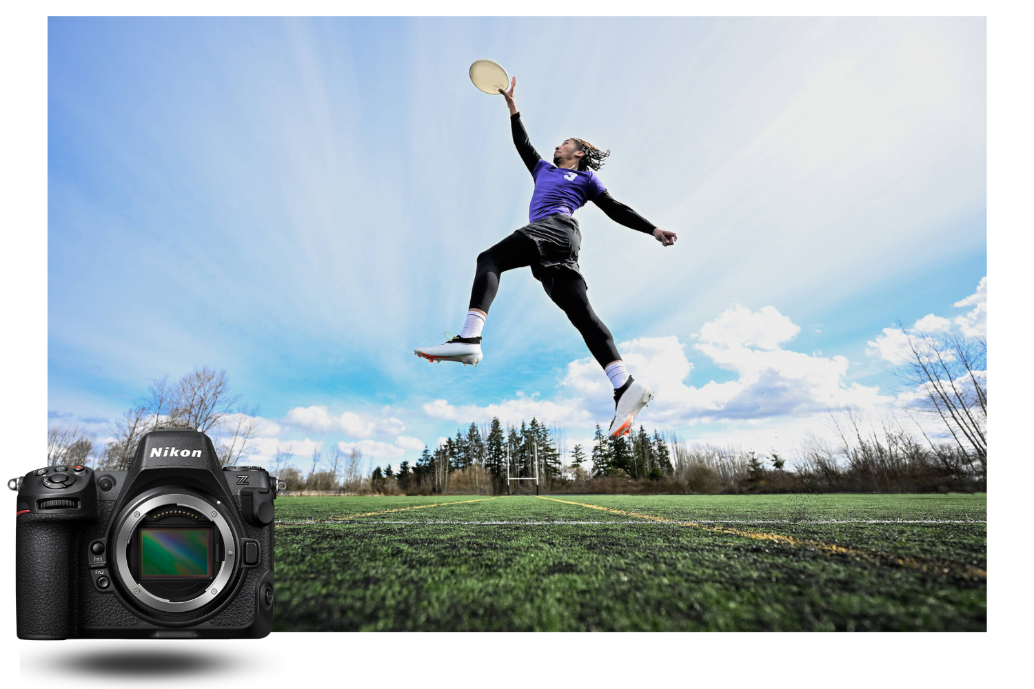 Nikon Z 8 – Vitesse de rafale et autofocus ultra-précis pour la photographie d’action Photographie sportive dynamique d’un athlète en plein saut capturée avec le boîtier Nikon Z 8