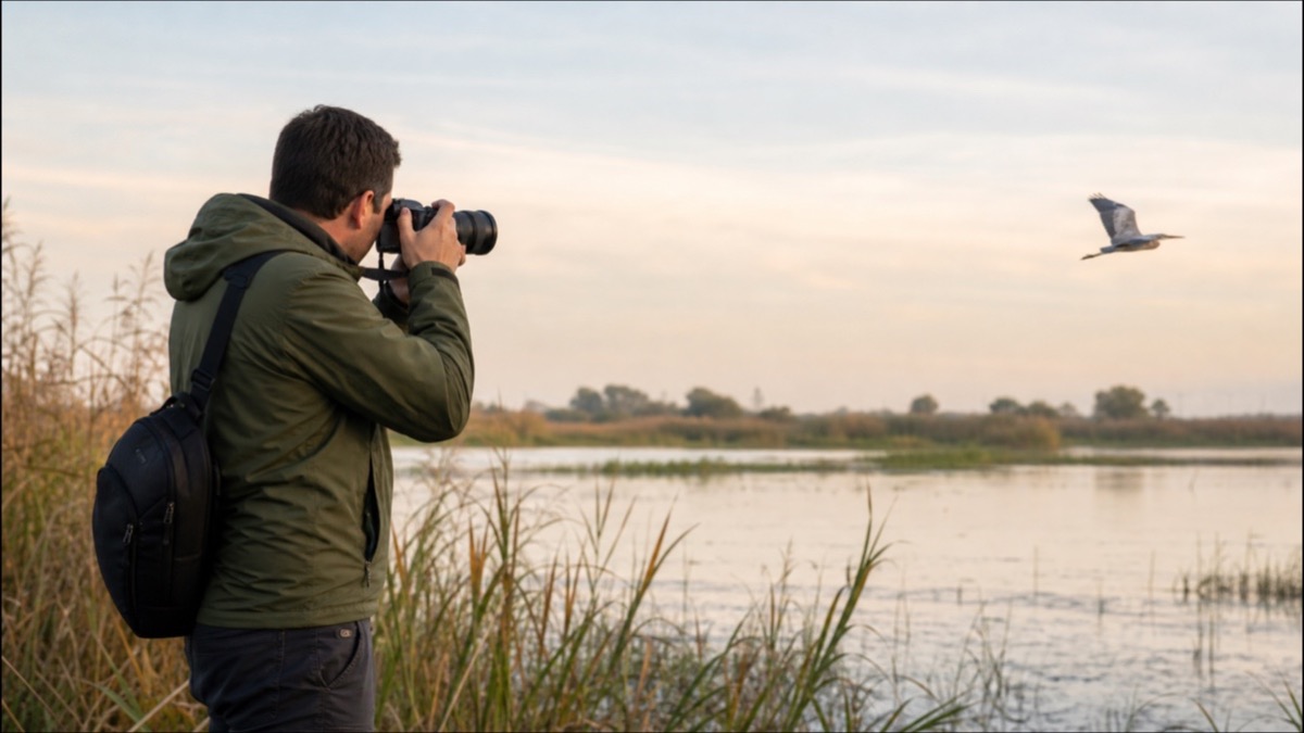 Fotógrafo siguiendo un ave con teleobjetivo durante una salida de naturaleza