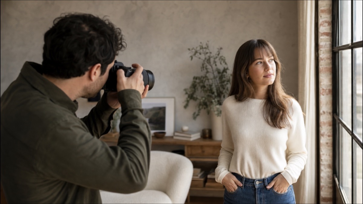 Fotógrafo realizando un retrato junto a una ventana con luz natural