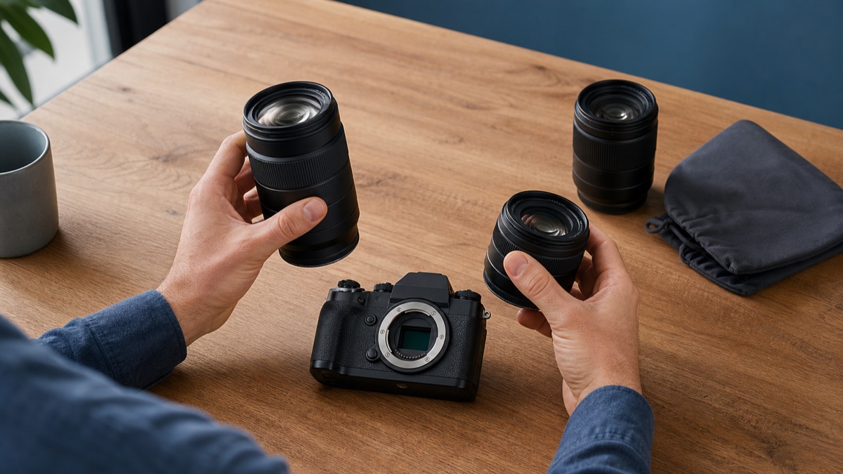 Elegir la montura y los objetivos antes que el cuerpo Fotógrafo comparando varios objetivos alrededor de una cámara sin espejo