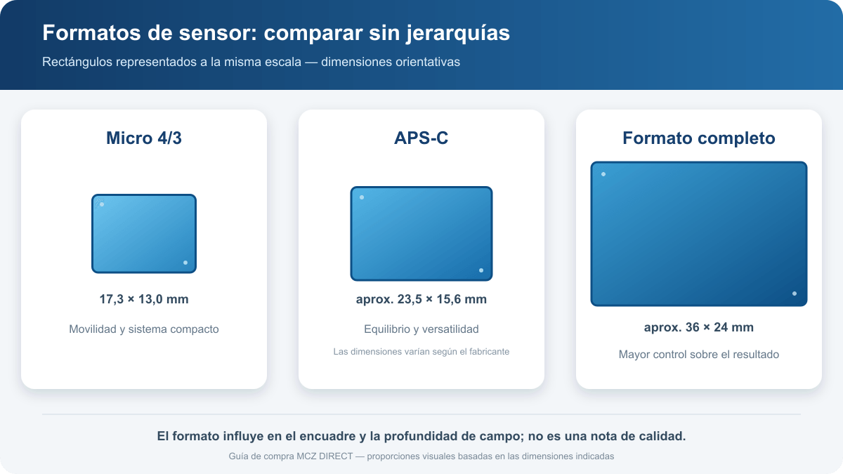 Formatos de sensor de cámaras sin espejo a la misma escala Comparación a escala de sensores Micro Cuatro Tercios, APS-C y formato completo