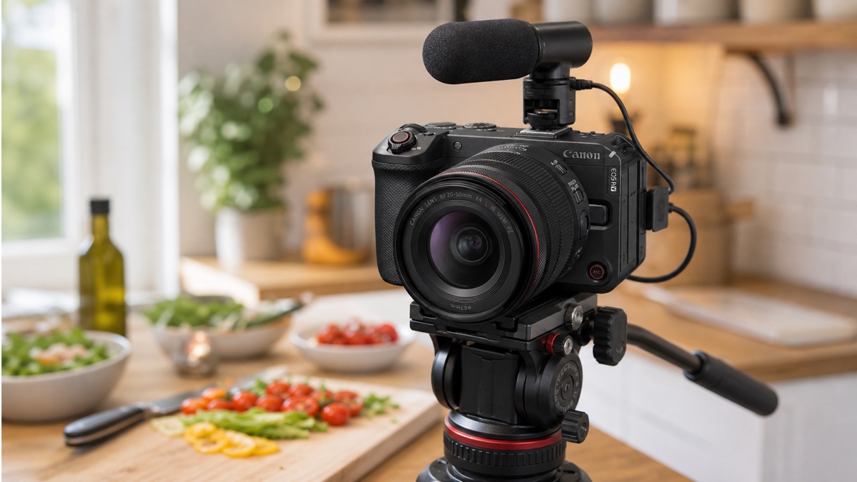 Canon EOS R6 V with an RF 20-50 mm PZ lens on a tripod filming a cooking demonstration