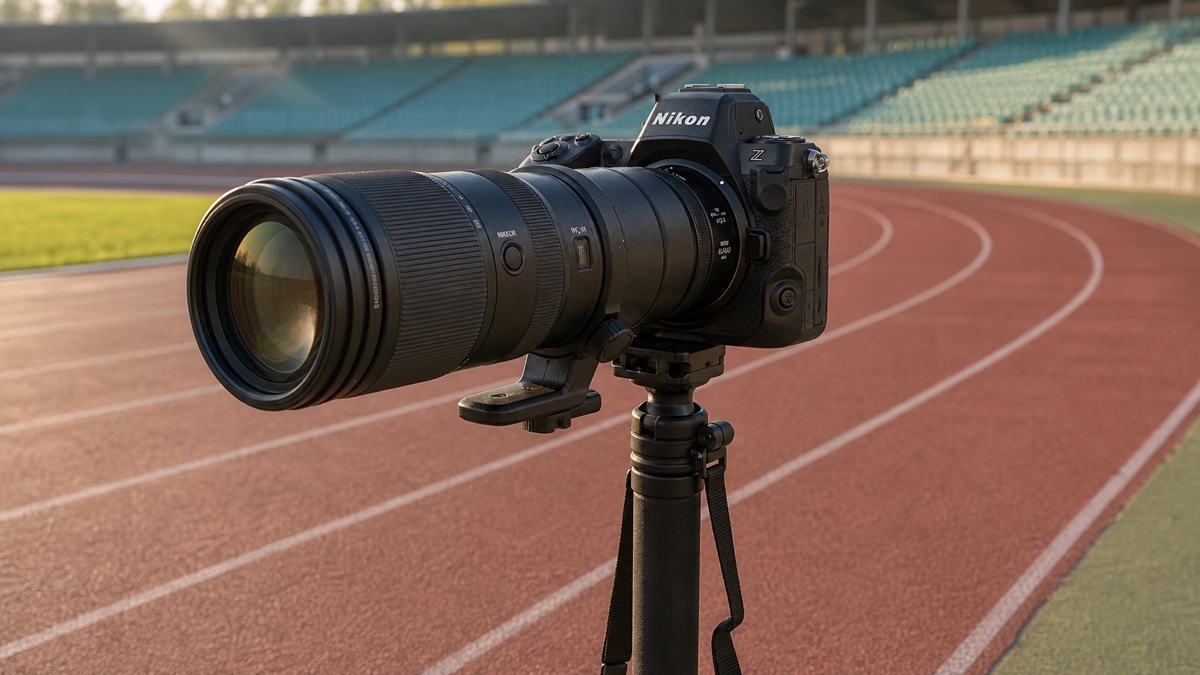 Nikon Z8 with a NIKKOR Z 100-400 mm telephoto lens supported on a monopod beside a sports track
