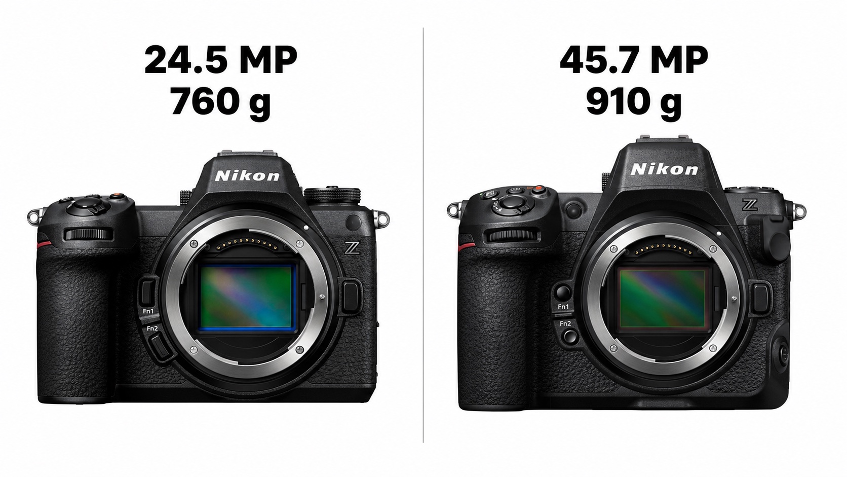 Nikon Z6 III at 24.5 MP and 760 g compared with Nikon Z8 at 45.7 MP and 910 g