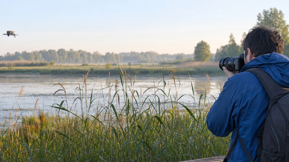 Photographer following a distant bird with a mirrorless camera and telephoto lens