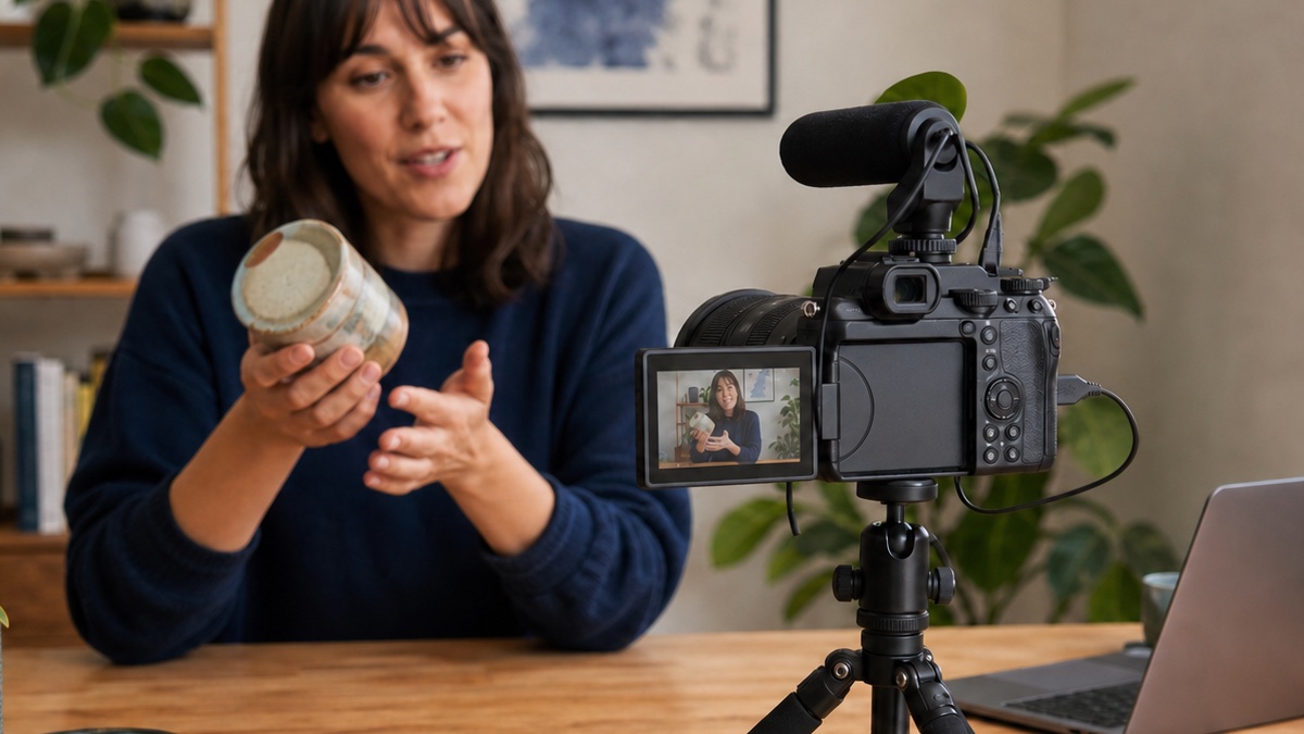 Solo creator recording a tutorial with a mirrorless camera, lens, microphone and articulating screen