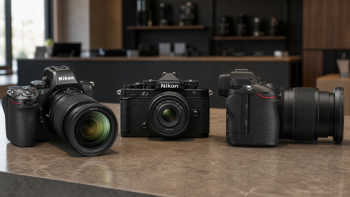Nikon Z5II Nikon Zf and Nikon Z6III photographed from three angles to compare their design