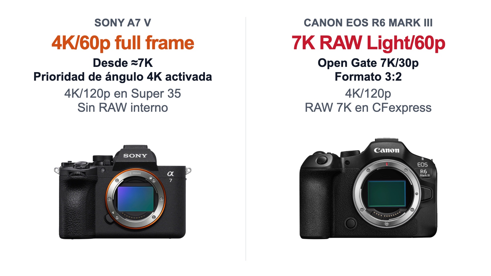 Sony A7 V frente a Canon EOS R6 Mark III: formatos 4K, 7K RAW y Open Gate