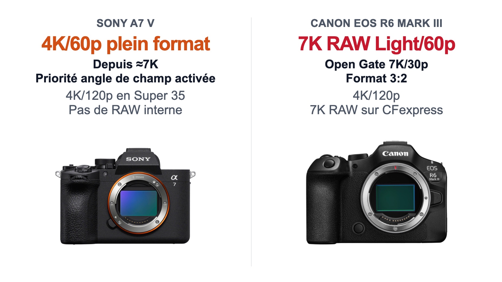 Sony A7 V contre Canon EOS R6 Mark III : formats vidéo 4K, 7K RAW et Open Gate