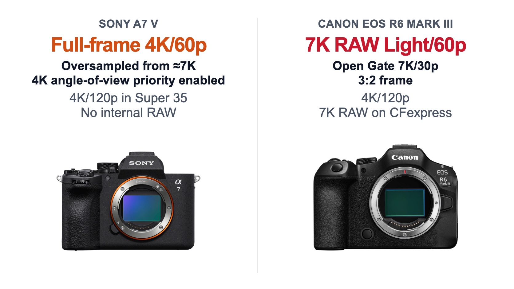 Sony A7 V versus Canon EOS R6 Mark III 4K, 7K RAW and Open Gate video formats compared