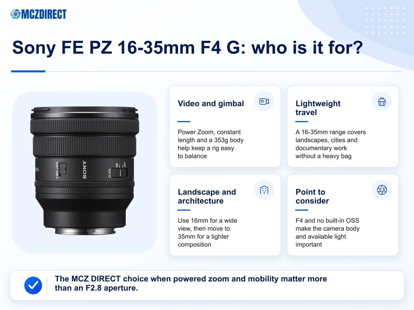 Sony FE PZ 16-35mm F4 G uses for video, gimbal work, travel, landscape and architecture