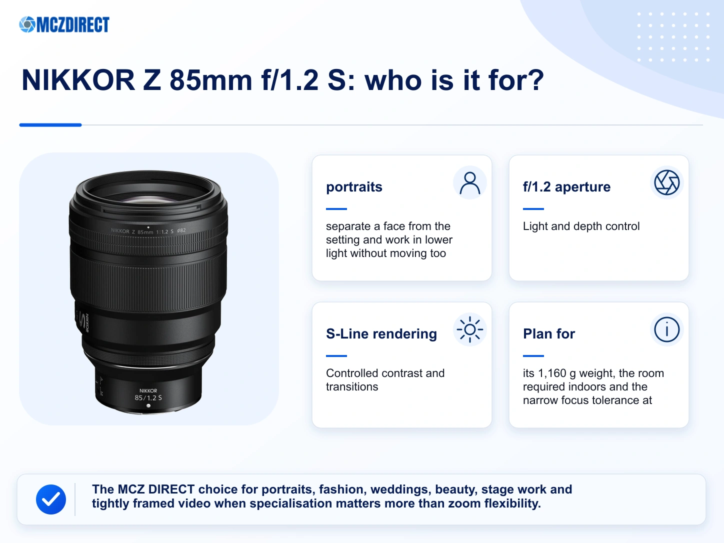 Recommended uses, strengths and main limitation of the NIKKOR Z 85mm f/1.2 S