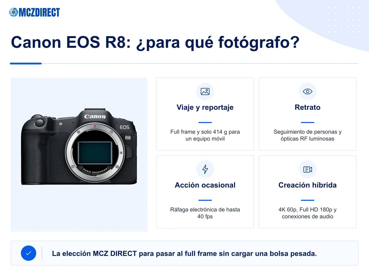 Canon EOS R8 solo cuerpo para viaje, retrato, reportaje ligero, vídeo híbrido y acción ocasional