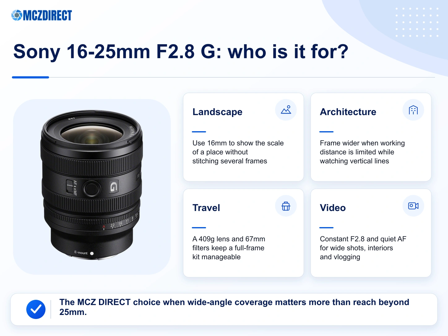 Sony FE 16-25mm F2.8 G uses for landscape, architecture, travel and video