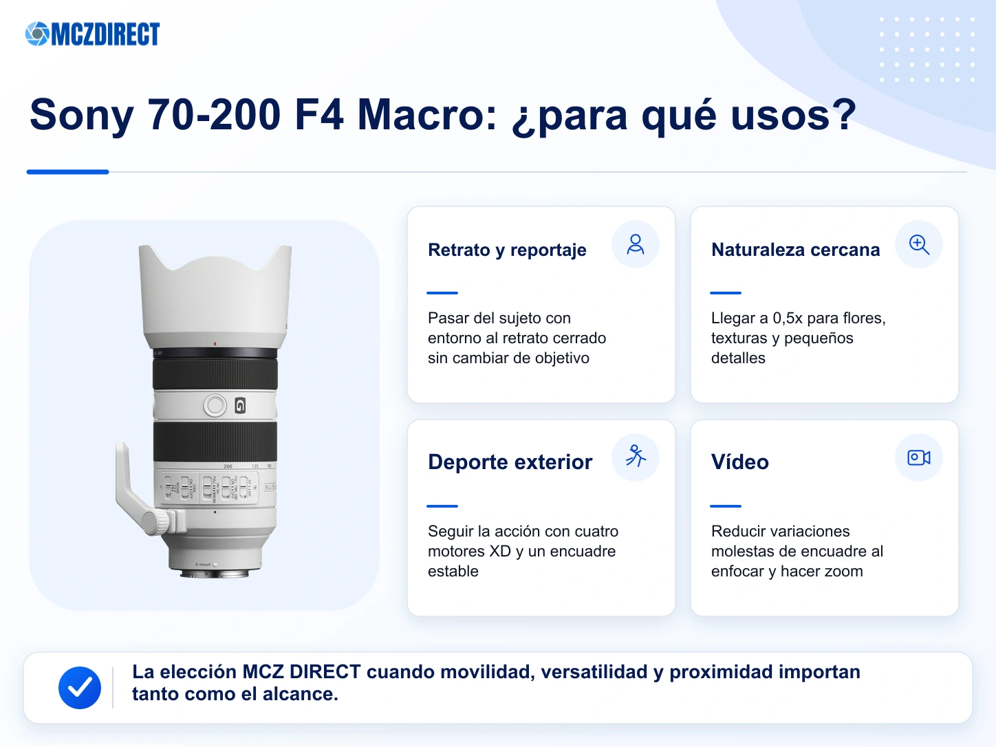 Usos del Sony FE 70-200mm F4 Macro G OSS II para retrato, naturaleza cercana, deporte exterior y vídeo