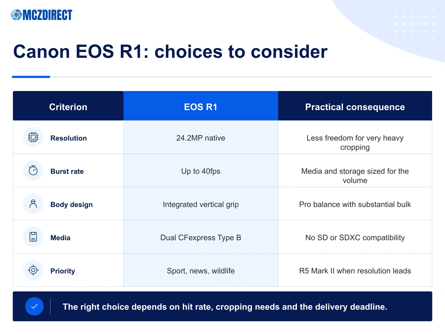 Canon EOS R1 buying criteria covering resolution, burst rate, integrated grip, CFexpress Type B media and professional uses
