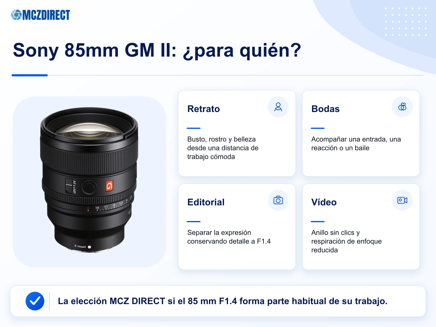 Usos del Sony FE 85mm F1.4 GM II para retrato, bodas, editorial y vídeo