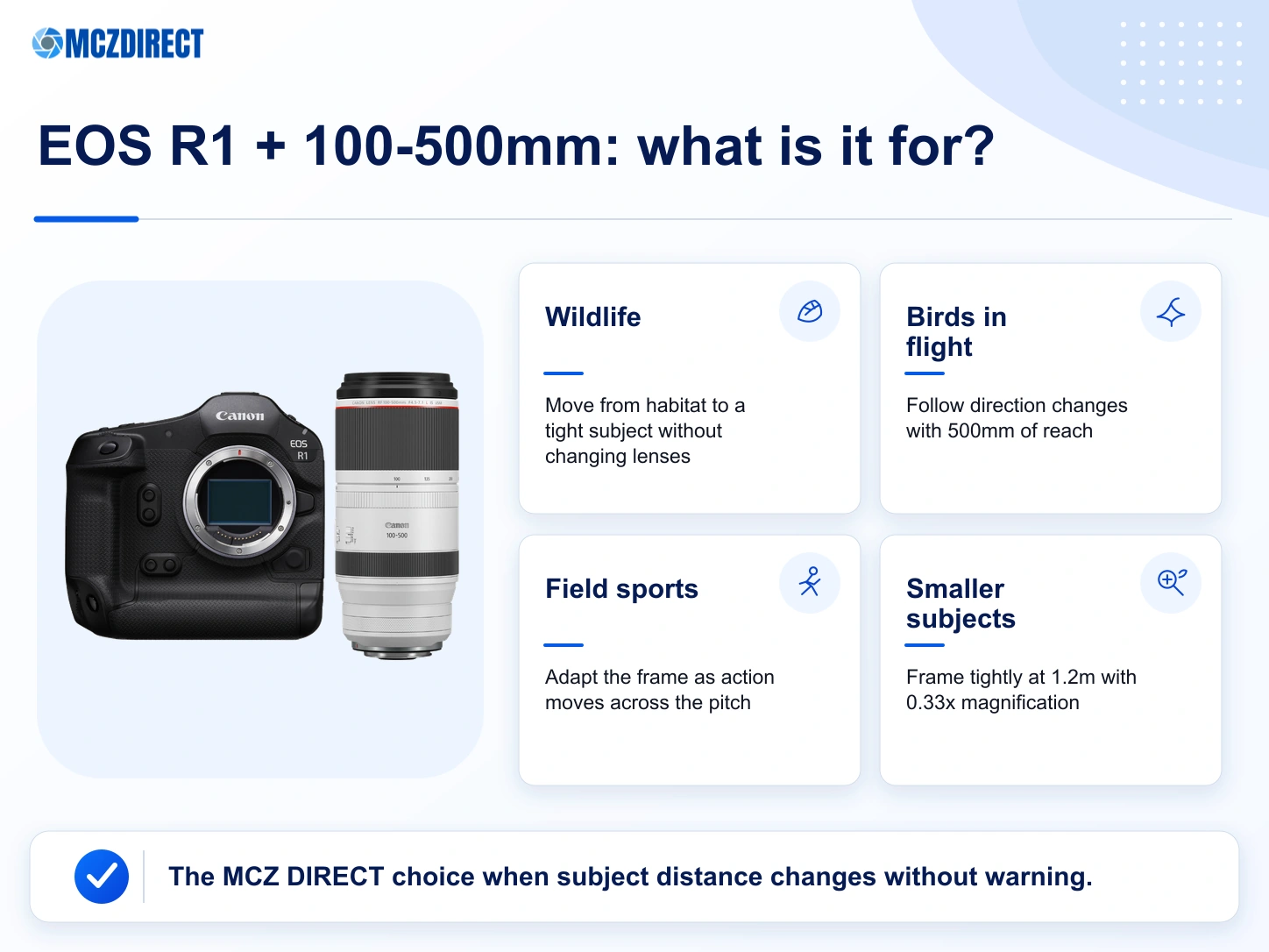 Canon EOS R1 with RF 100-500mm uses for wildlife, birds, field sports and smaller subjects