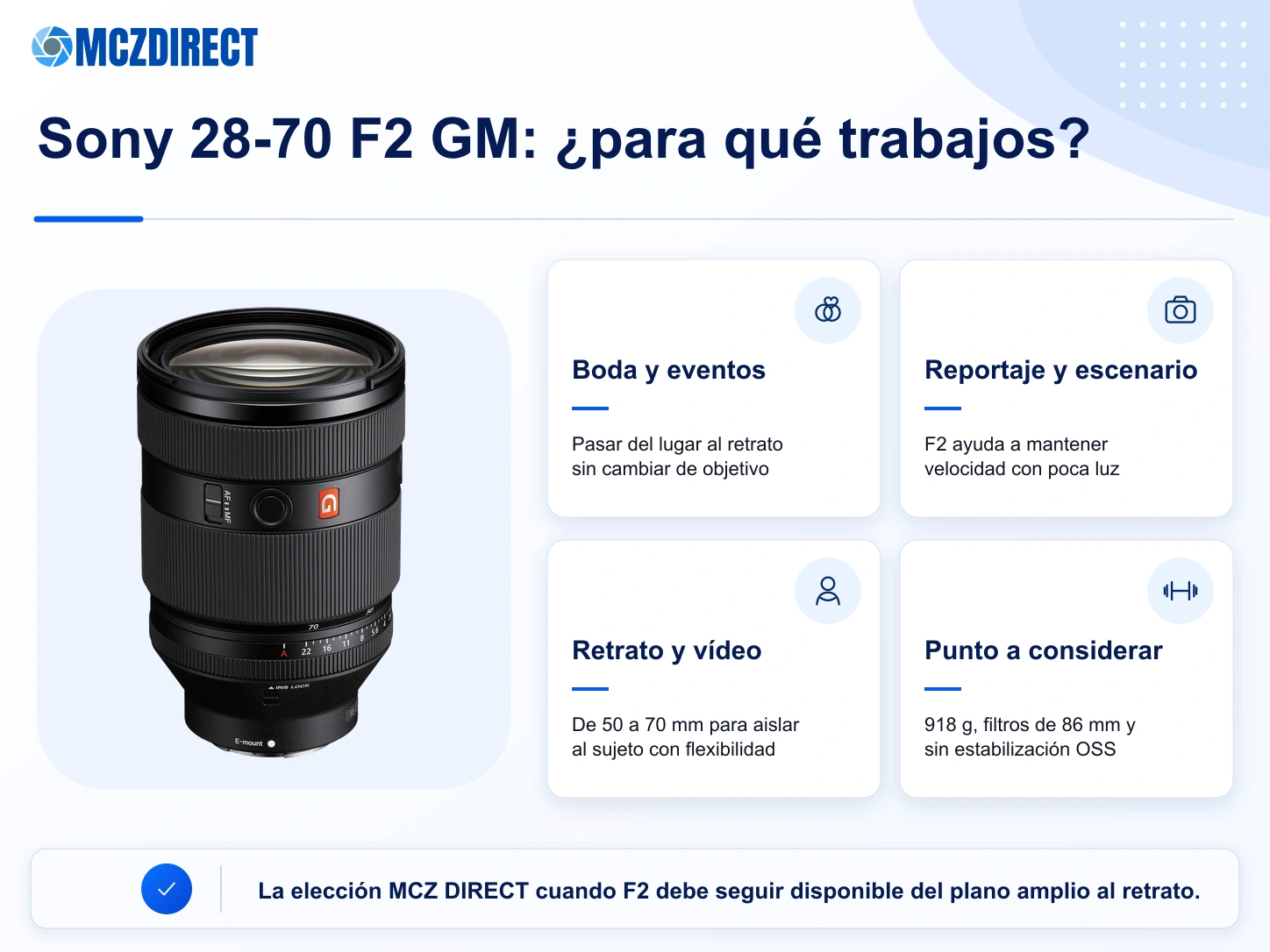 Usos recomendados del Sony FE 28-70mm F2 GM para boda, reportaje, retrato y vídeo