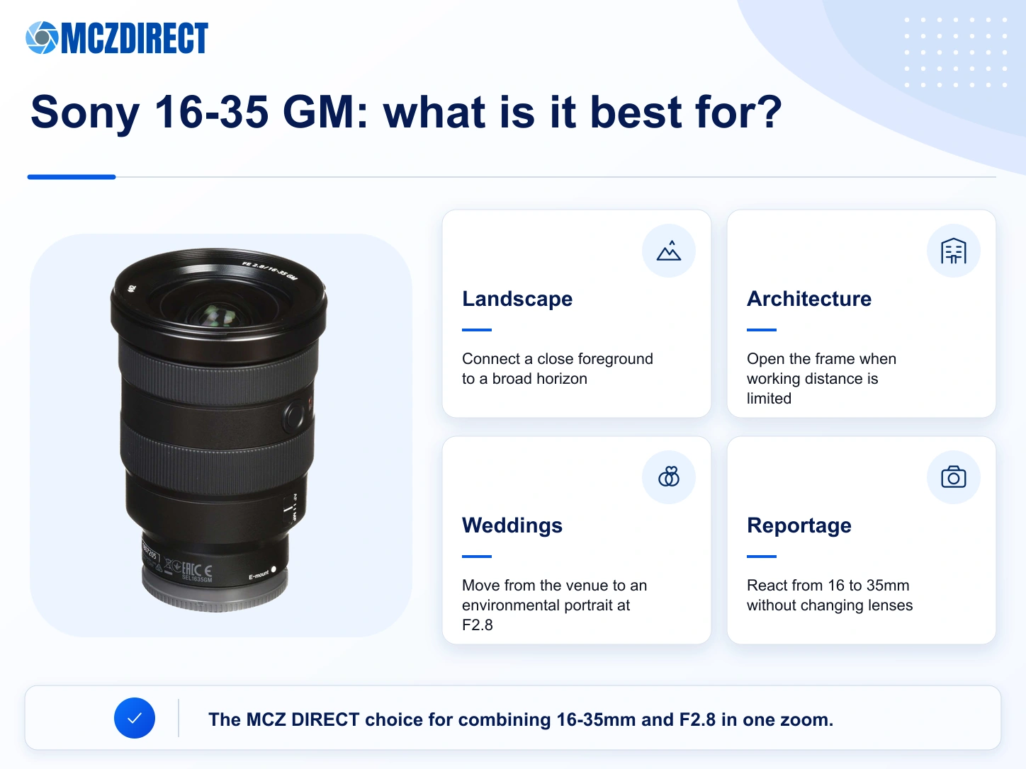 Sony FE 16-35mm F2.8 GM uses for landscapes, architecture, weddings and reportage