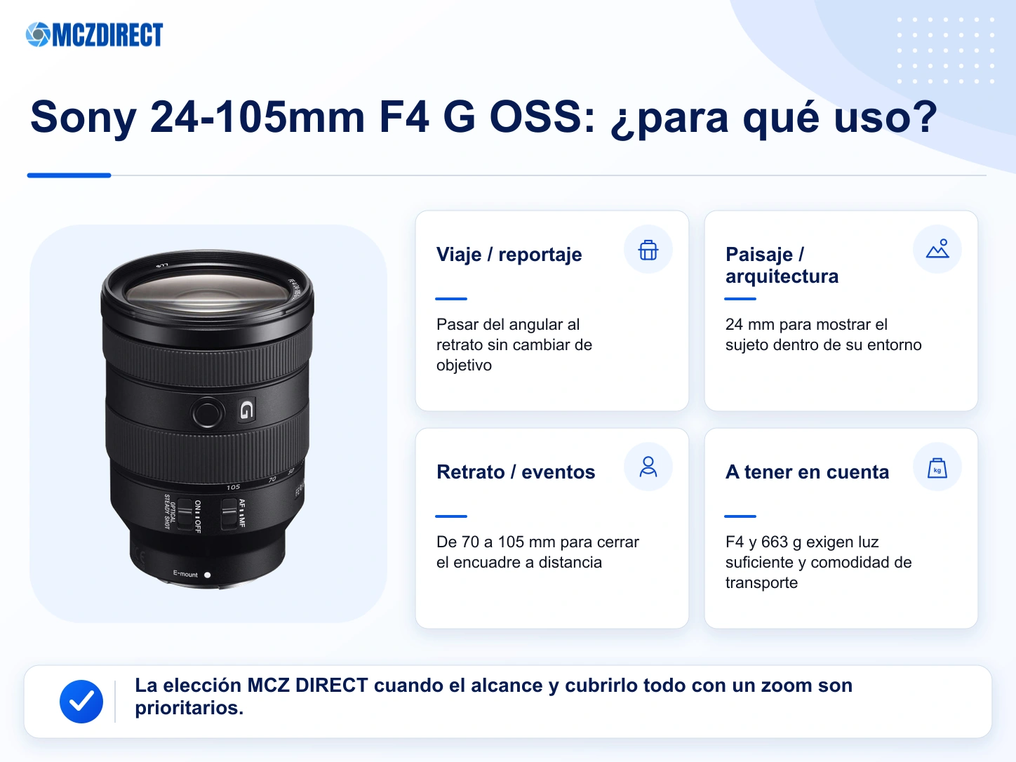 Usos del Sony FE 24-105mm F4 G OSS para viaje, paisaje, retrato y reportaje