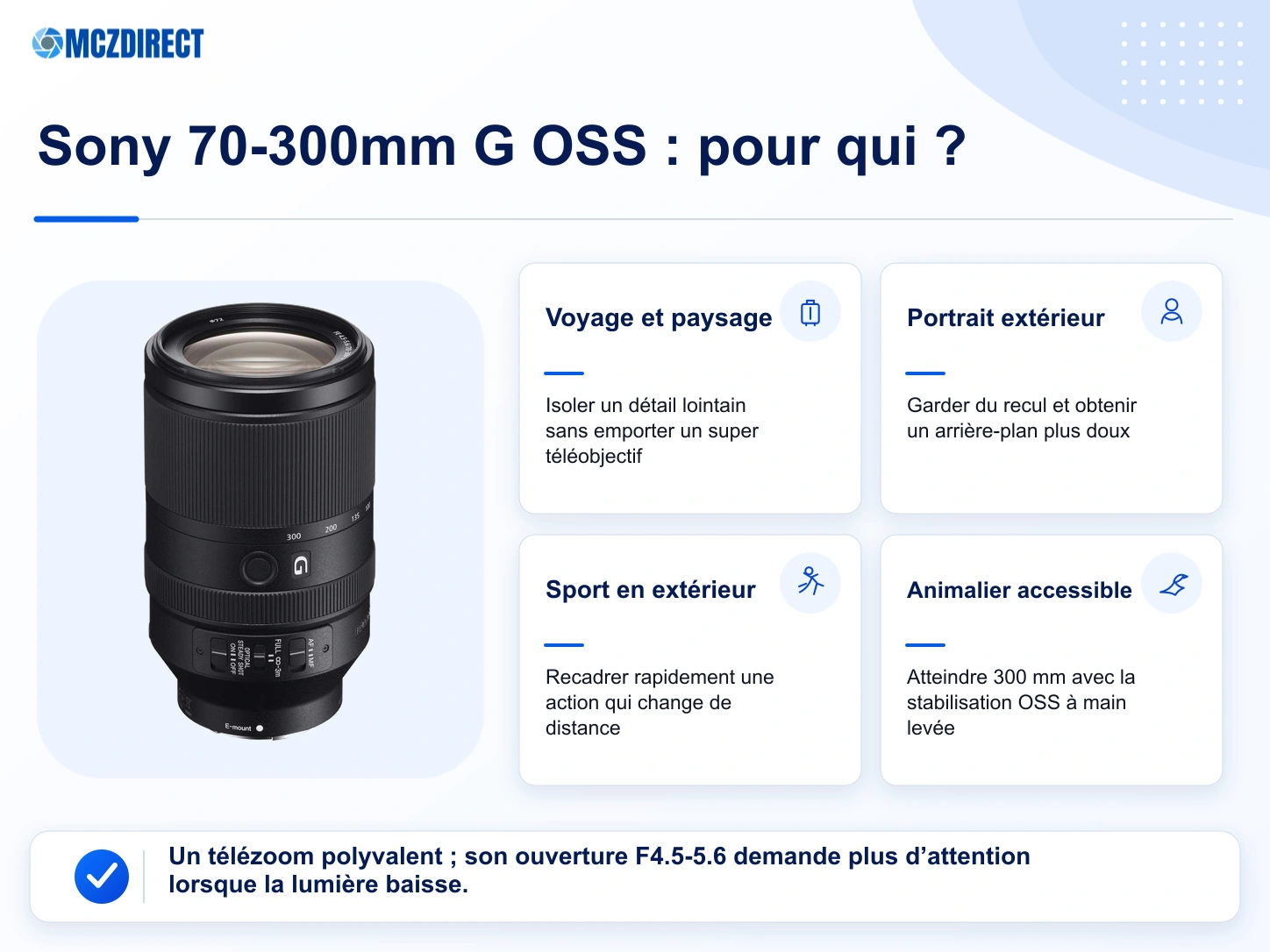 Usages du Sony FE 70-300mm F4.5-5.6 G OSS pour le voyage, le portrait extérieur, le sport de jour et la faune accessible