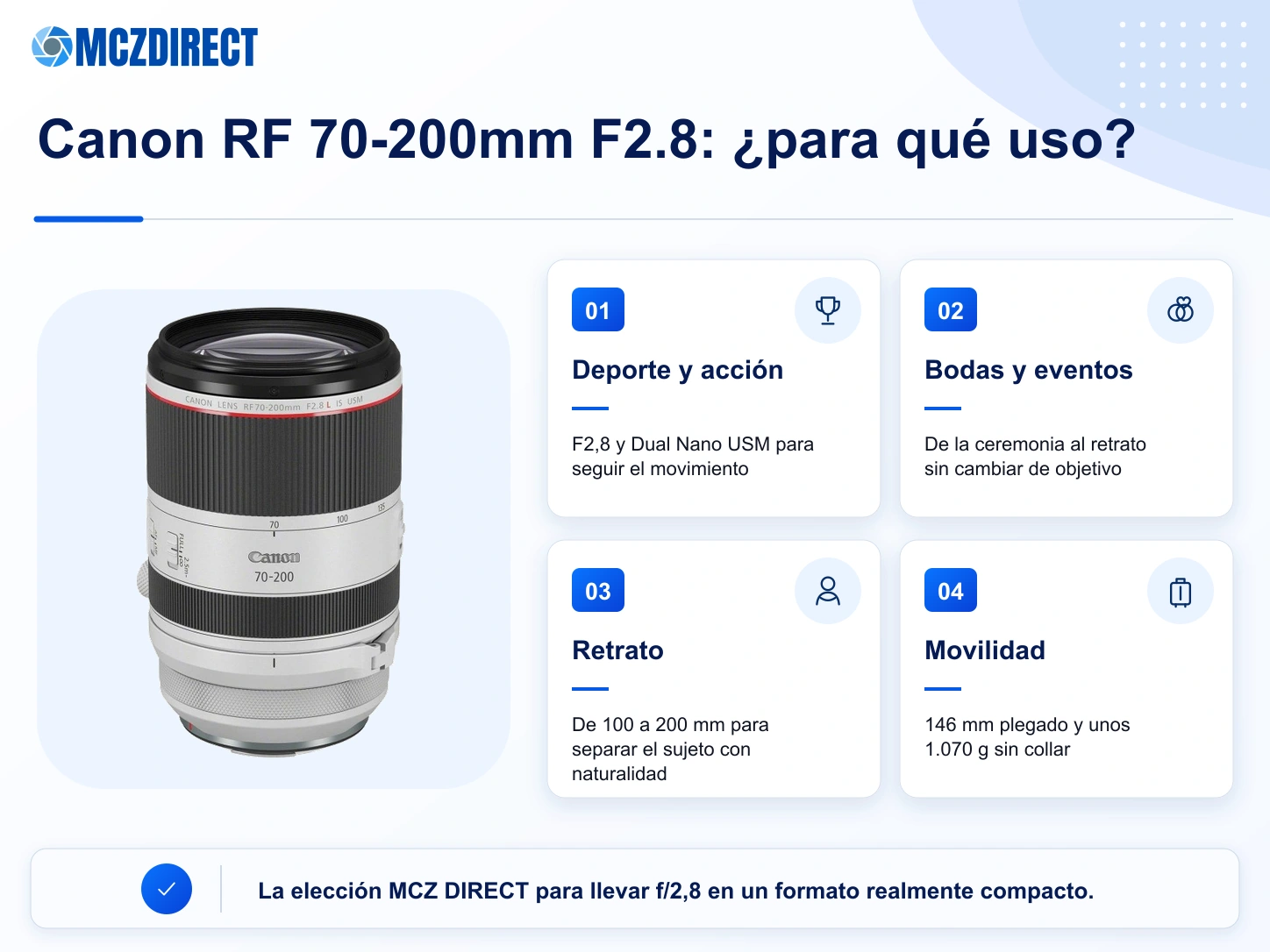 Usos recomendados y compromisos del Canon RF 70-200mm F2.8L IS USM para deporte, boda, retrato y reportaje