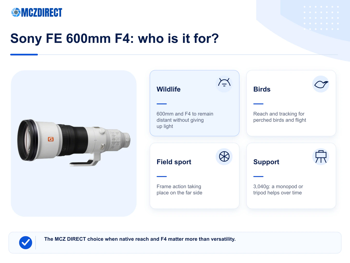 Sony FE 600mm F4 GM OSS uses for wildlife birds field sport and motorsport photography