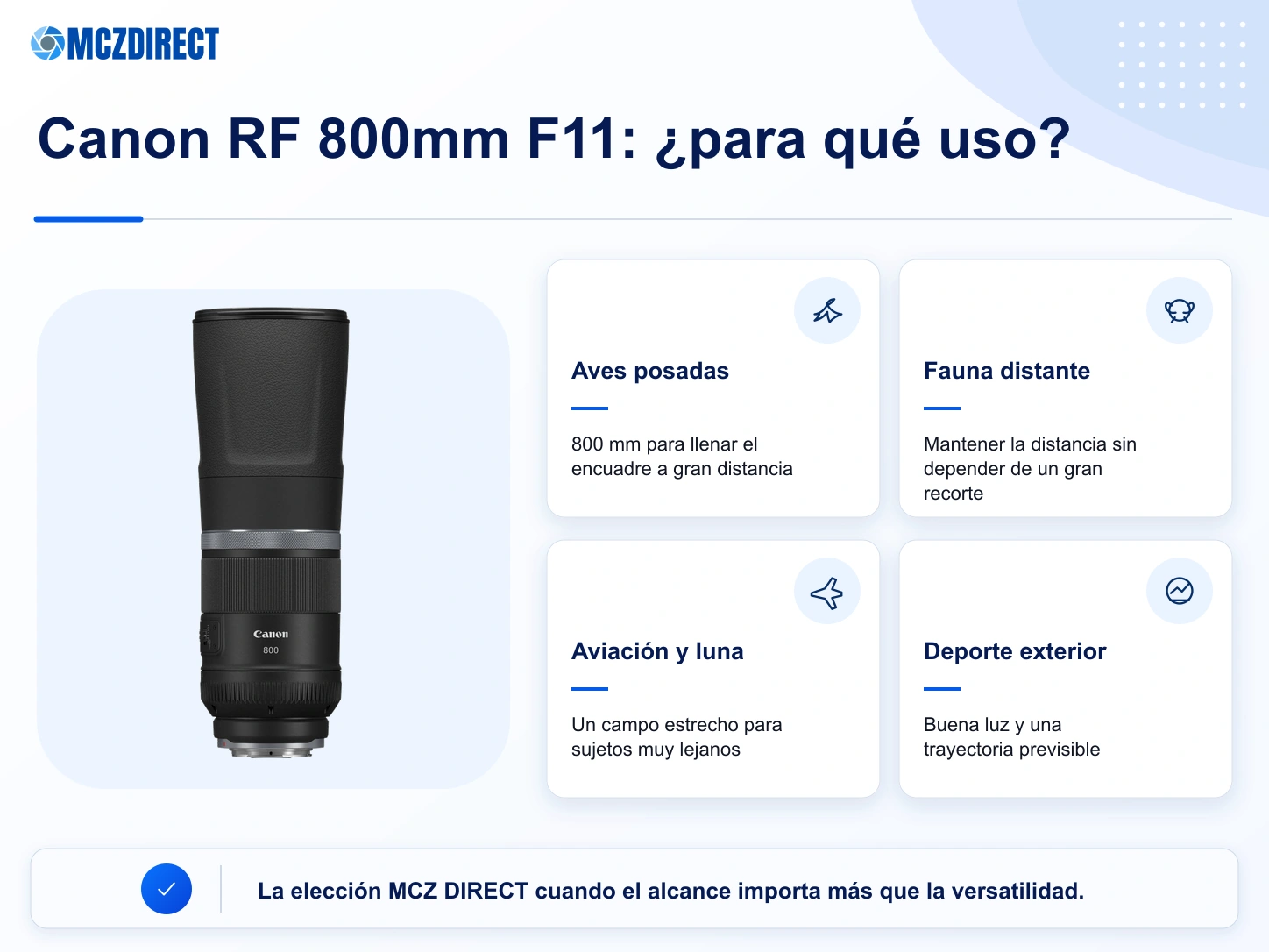 Usos recomendados del Canon RF 800mm F11 IS STM para aves, fauna, aviación y deporte exterior