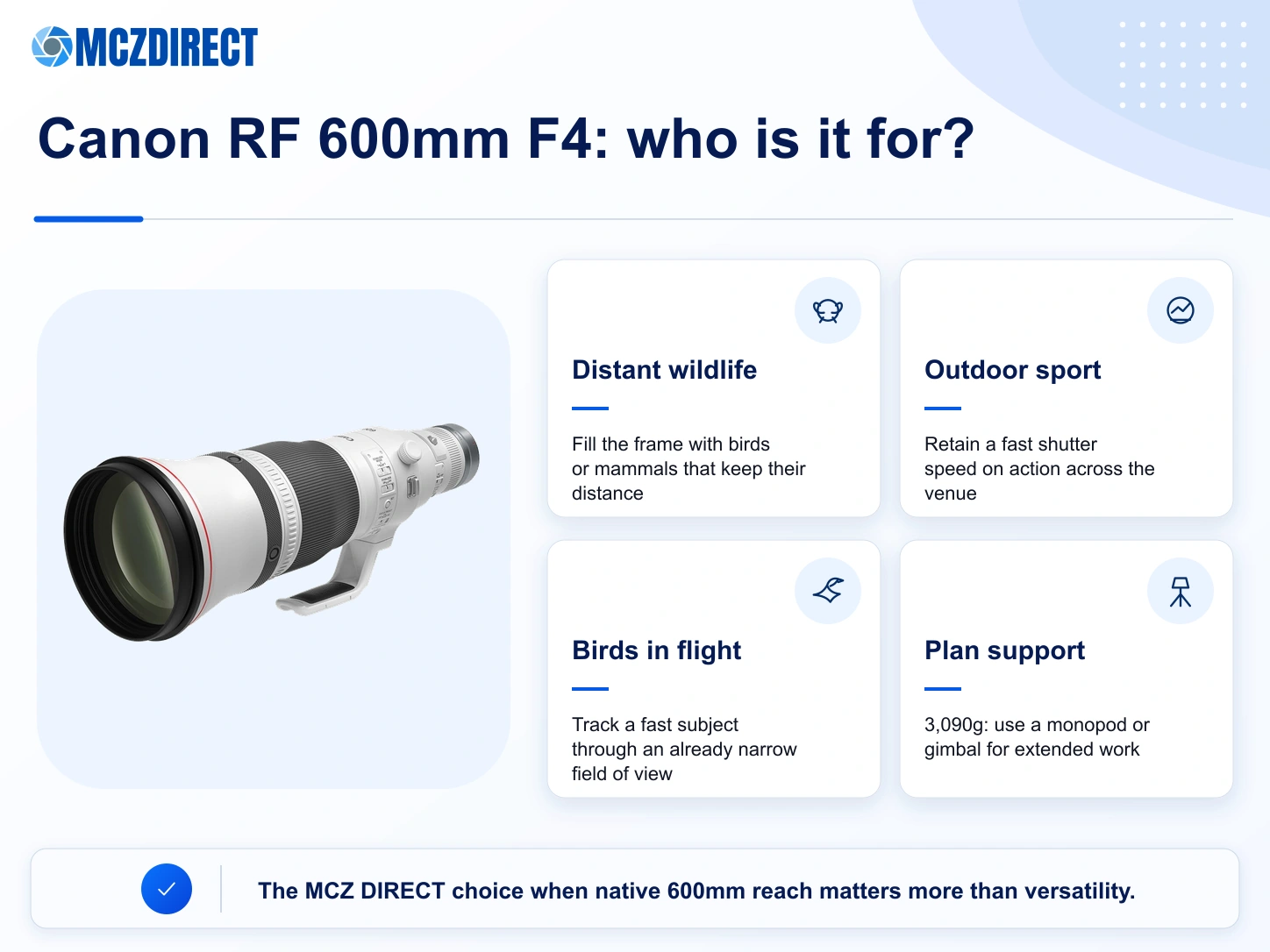 Recommended uses and handling considerations for the Canon RF 600mm F4 L IS USM in wildlife, bird and sports photography