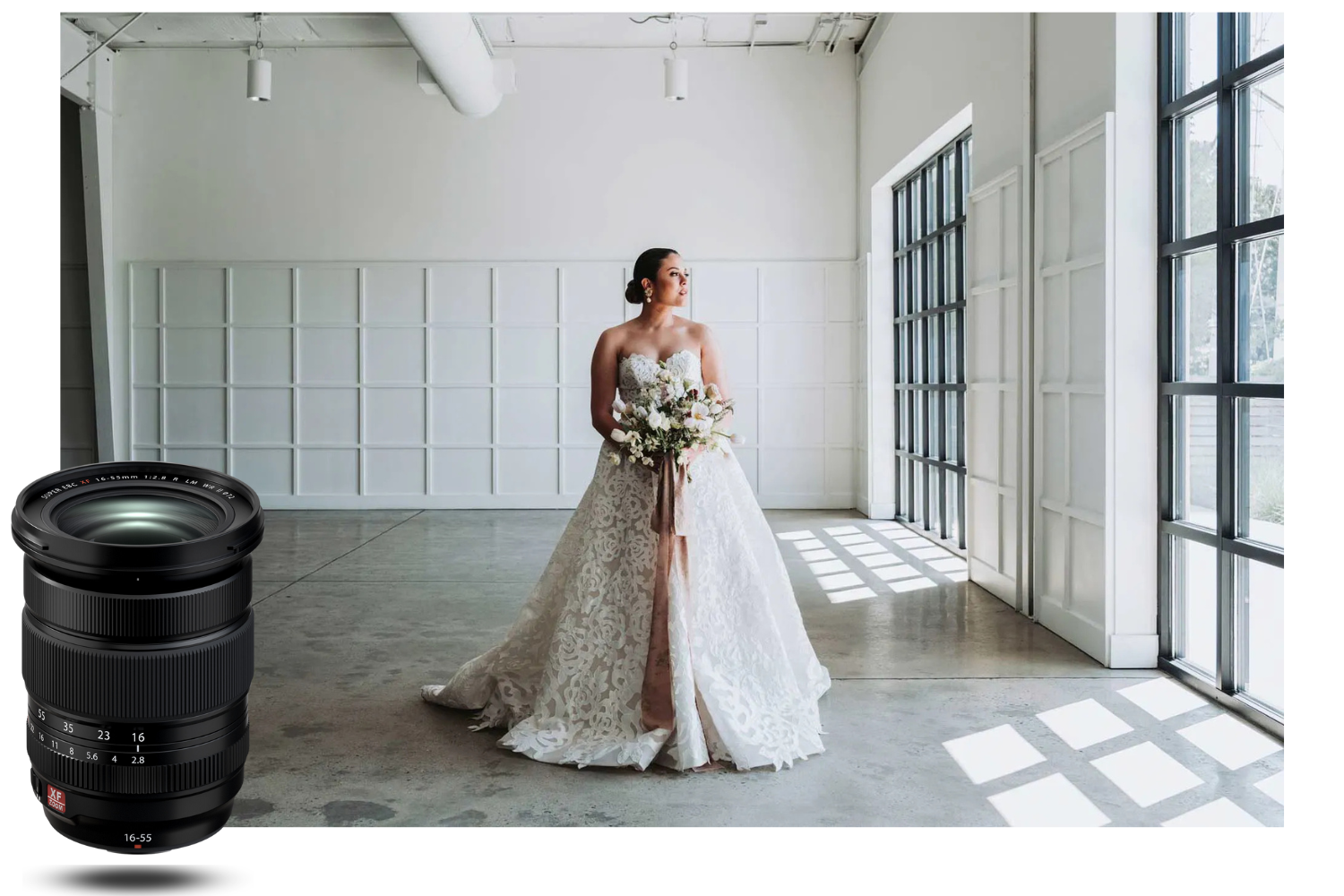 Novia de blanco fotografiada con luz natural y el Fujifilm XF 16-55mm f/2.8 R LM WR II