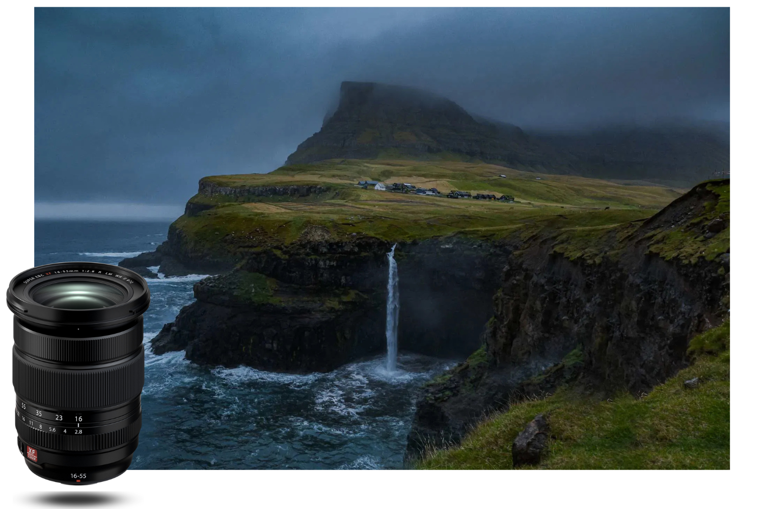 Cascada y acantilados bajo cielo tormentoso tomados con XF 16-55 f2 8 II de Fujifilm – paisaje dinámico